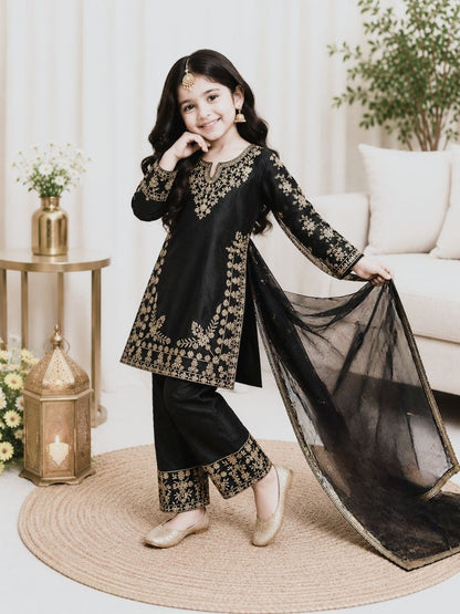 Black Pure Soft Fendy Silk
Sequins Embroidery Work Kids Salwar Suite