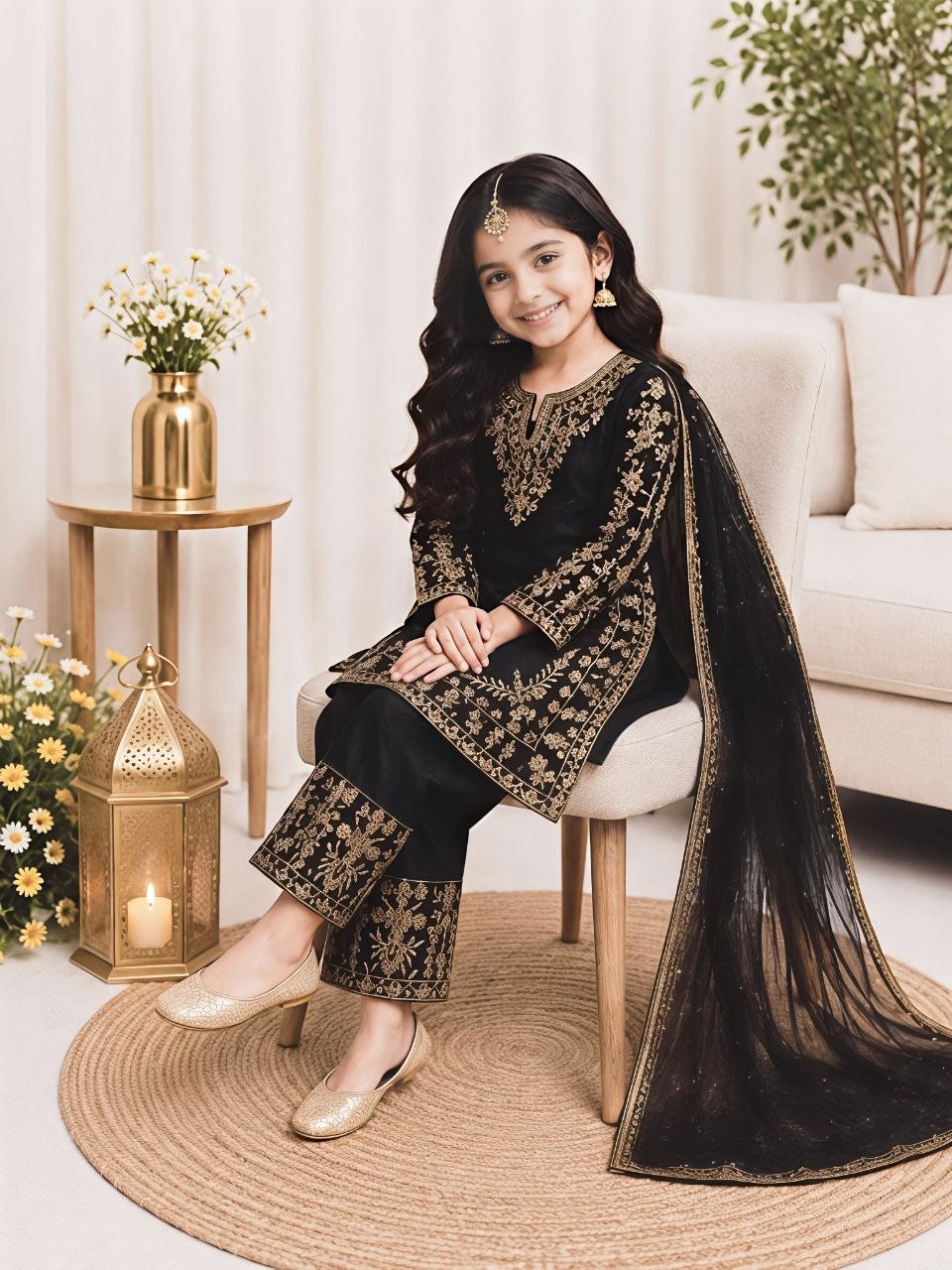 Black Pure Soft Fendy Silk
Sequins Embroidery Work Kids Salwar Suite