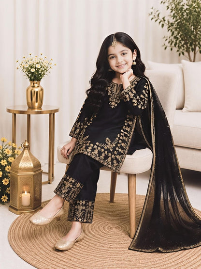 Black Pure Soft Fendy Silk
Sequins Embroidery Work Kids Salwar Suite