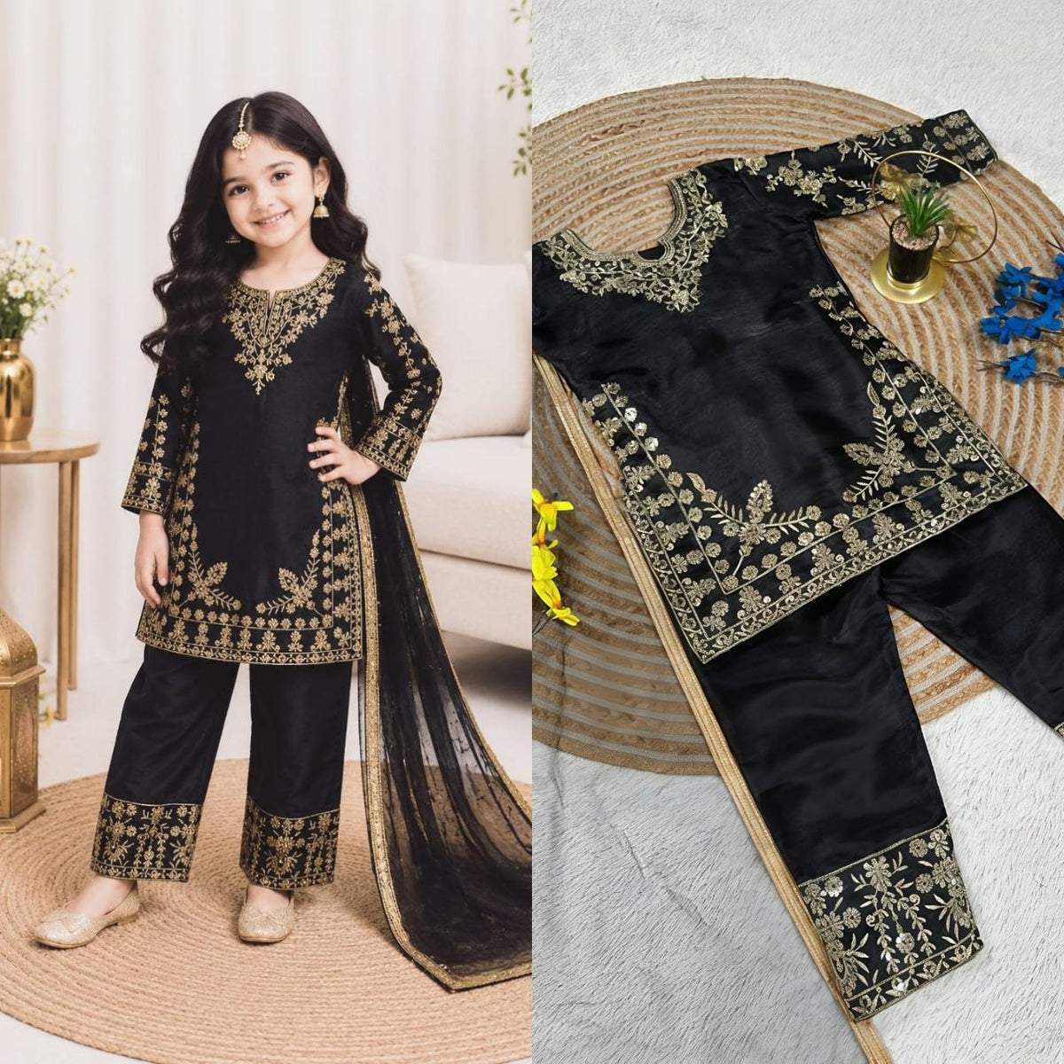 Black Pure Soft Fendy Silk
Sequins Embroidery Work Kids Salwar Suite