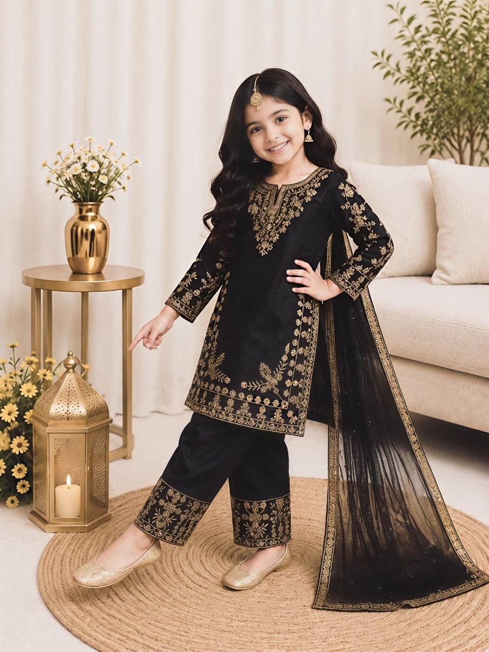 Black Pure Soft Fendy Silk
Sequins Embroidery Work Kids Salwar Suite