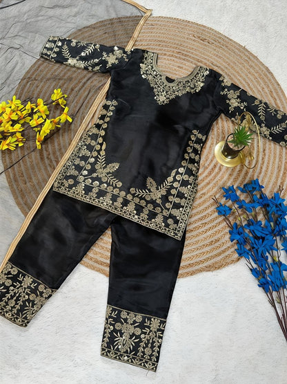 Black Pure Soft Fendy Silk
Sequins Embroidery Work Kids Salwar Suite