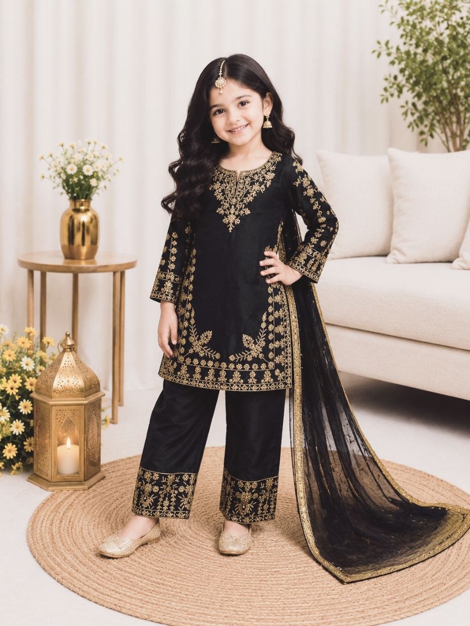 Black Pure Soft Fendy Silk
Sequins Embroidery Work Kids Salwar Suite