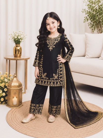 Black Pure Soft Fendy Silk
Sequins Embroidery Work Kids Salwar Suite