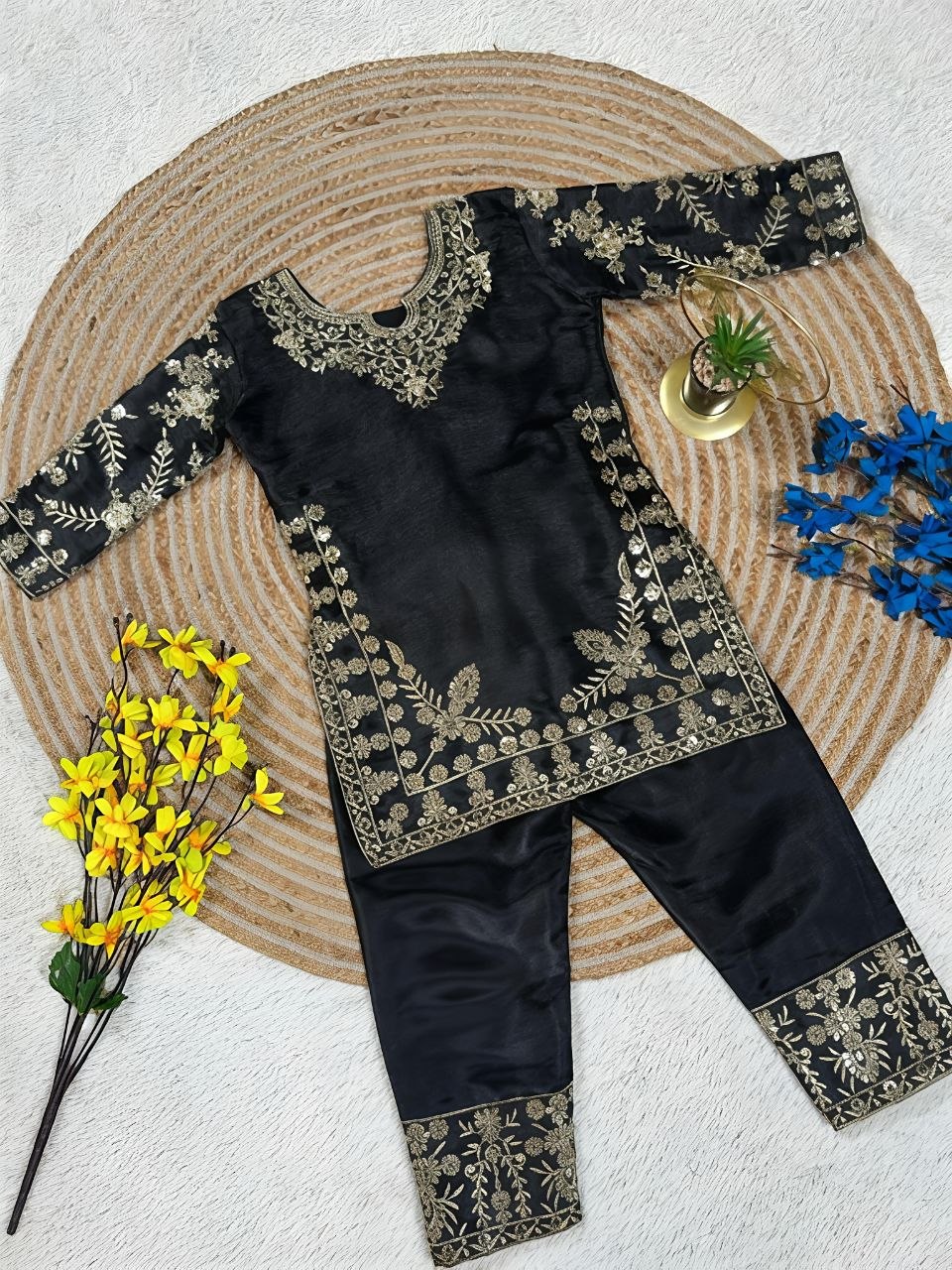 Black Pure Soft Fendy Silk
Sequins Embroidery Work Kids Salwar Suite