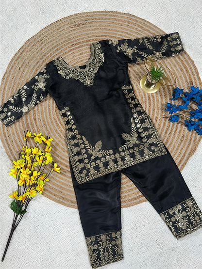 Black Pure Soft Fendy Silk
Sequins Embroidery Work Kids Salwar Suite