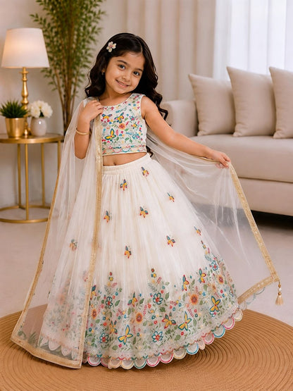 White Pure Soft Chinon Silk
Sequins Embroidery Work Kids Lehenga Choli