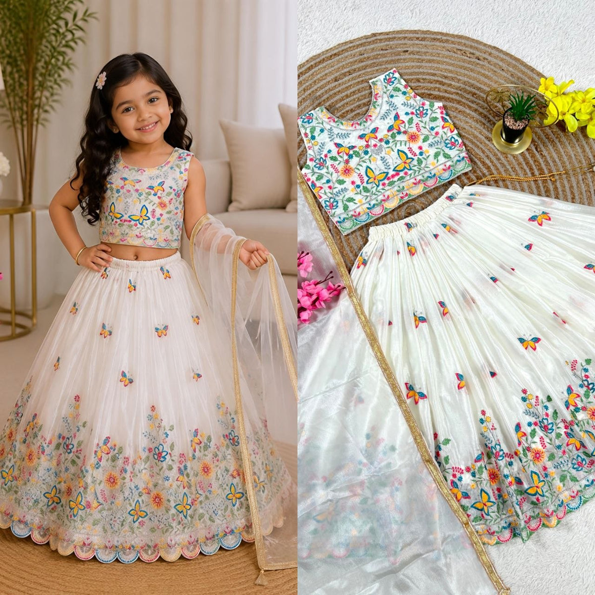 White Pure Soft Chinon Silk
Sequins Embroidery Work Kids Lehenga Choli