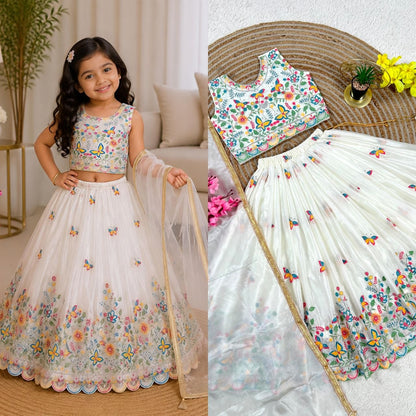 White Pure Soft Chinon Silk
Sequins Embroidery Work Kids Lehenga Choli