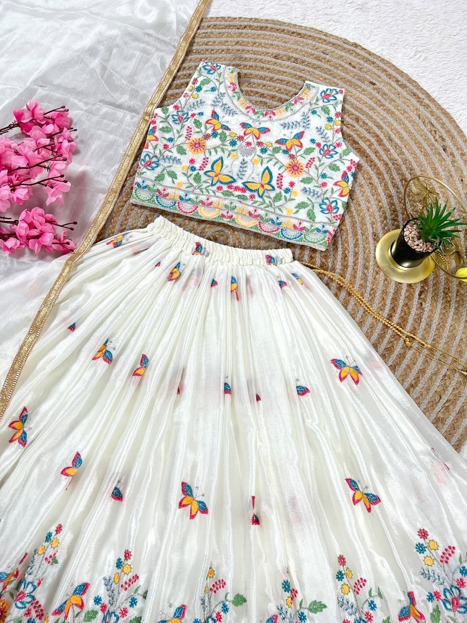 White Pure Soft Chinon Silk
Sequins Embroidery Work Kids Lehenga Choli