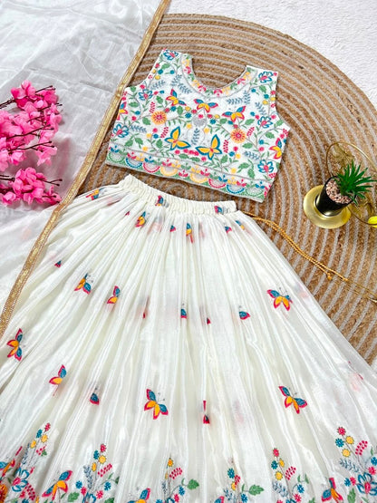 White Pure Soft Chinon Silk
Sequins Embroidery Work Kids Lehenga Choli