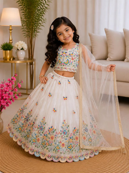 White Pure Soft Chinon Silk
Sequins Embroidery Work Kids Lehenga Choli