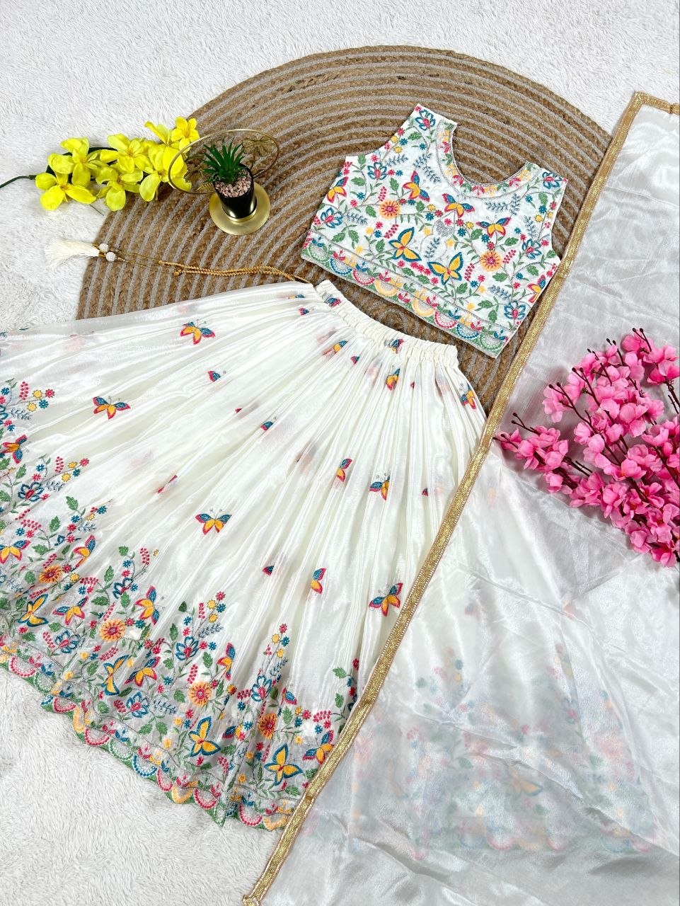 White Pure Soft Chinon Silk
Sequins Embroidery Work Kids Lehenga Choli