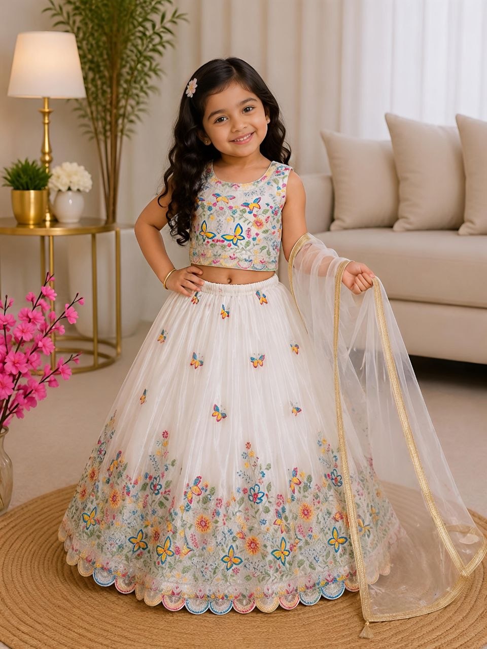 White Pure Soft Chinon Silk
Sequins Embroidery Work Kids Lehenga Choli