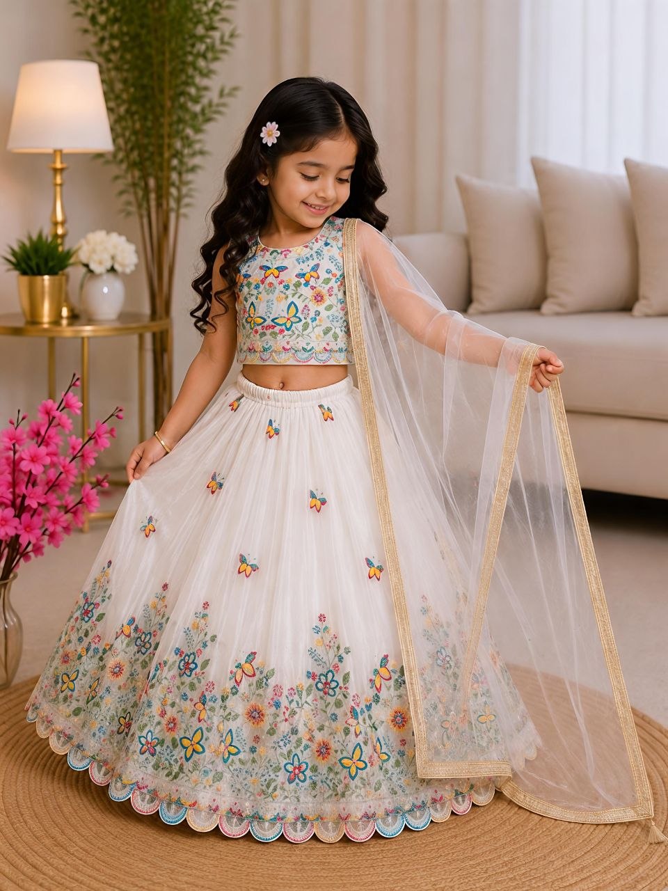 White Pure Soft Chinon Silk
Sequins Embroidery Work Kids Lehenga Choli