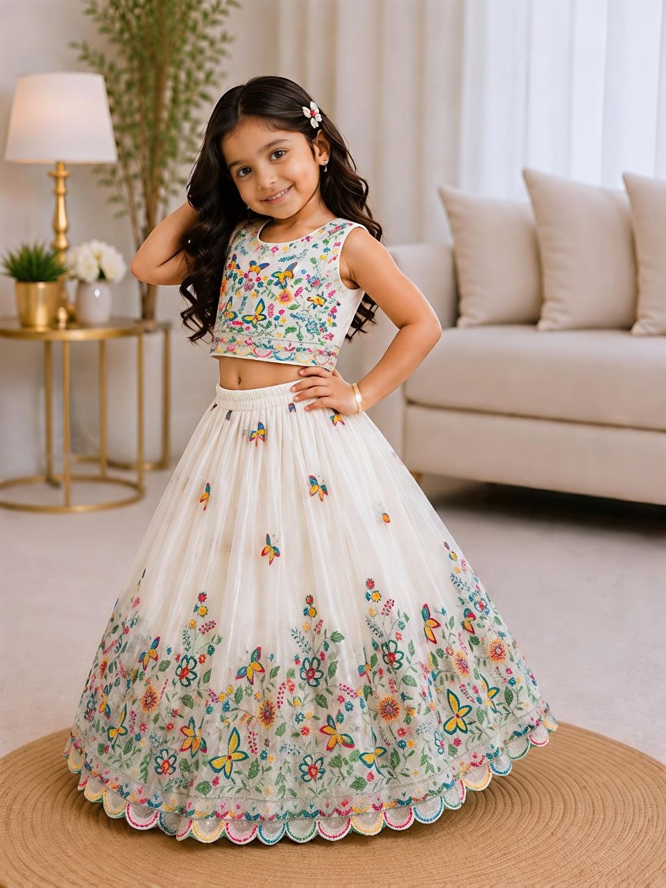 White Pure Soft Chinon Silk
Sequins Embroidery Work Kids Lehenga Choli