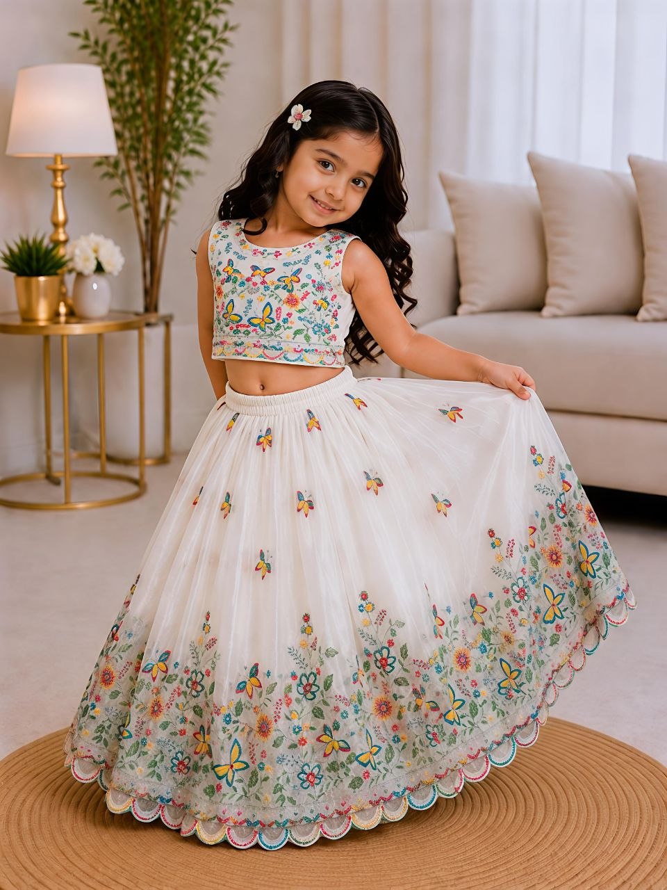 White Pure Soft Chinon Silk
Sequins Embroidery Work Kids Lehenga Choli