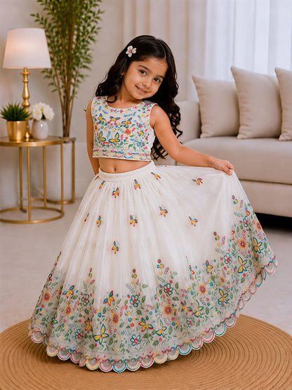 White Pure Soft Chinon Silk
Sequins Embroidery Work Kids Lehenga Choli