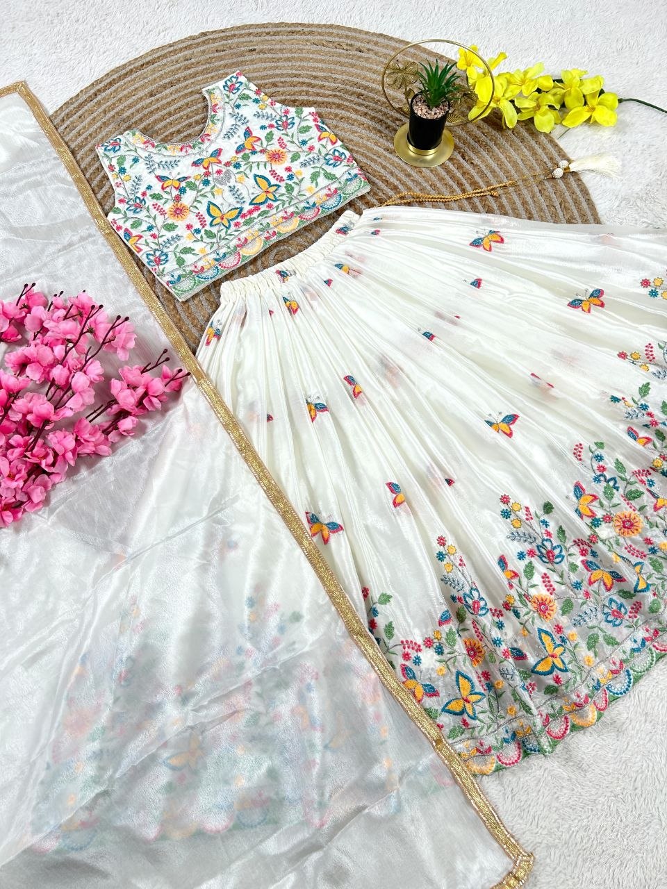 White Pure Soft Chinon Silk
Sequins Embroidery Work Kids Lehenga Choli