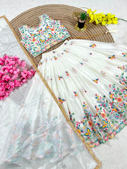 White Pure Soft Chinon Silk
Sequins Embroidery Work Kids Lehenga Choli