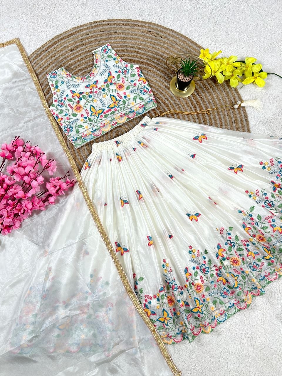 White Pure Soft Chinon Silk
Sequins Embroidery Work Kids Lehenga Choli
