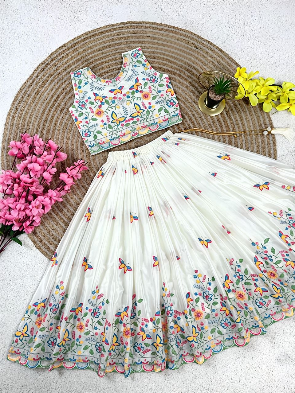 White Pure Soft Chinon Silk
Sequins Embroidery Work Kids Lehenga Choli