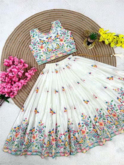 White Pure Soft Chinon Silk
Sequins Embroidery Work Kids Lehenga Choli