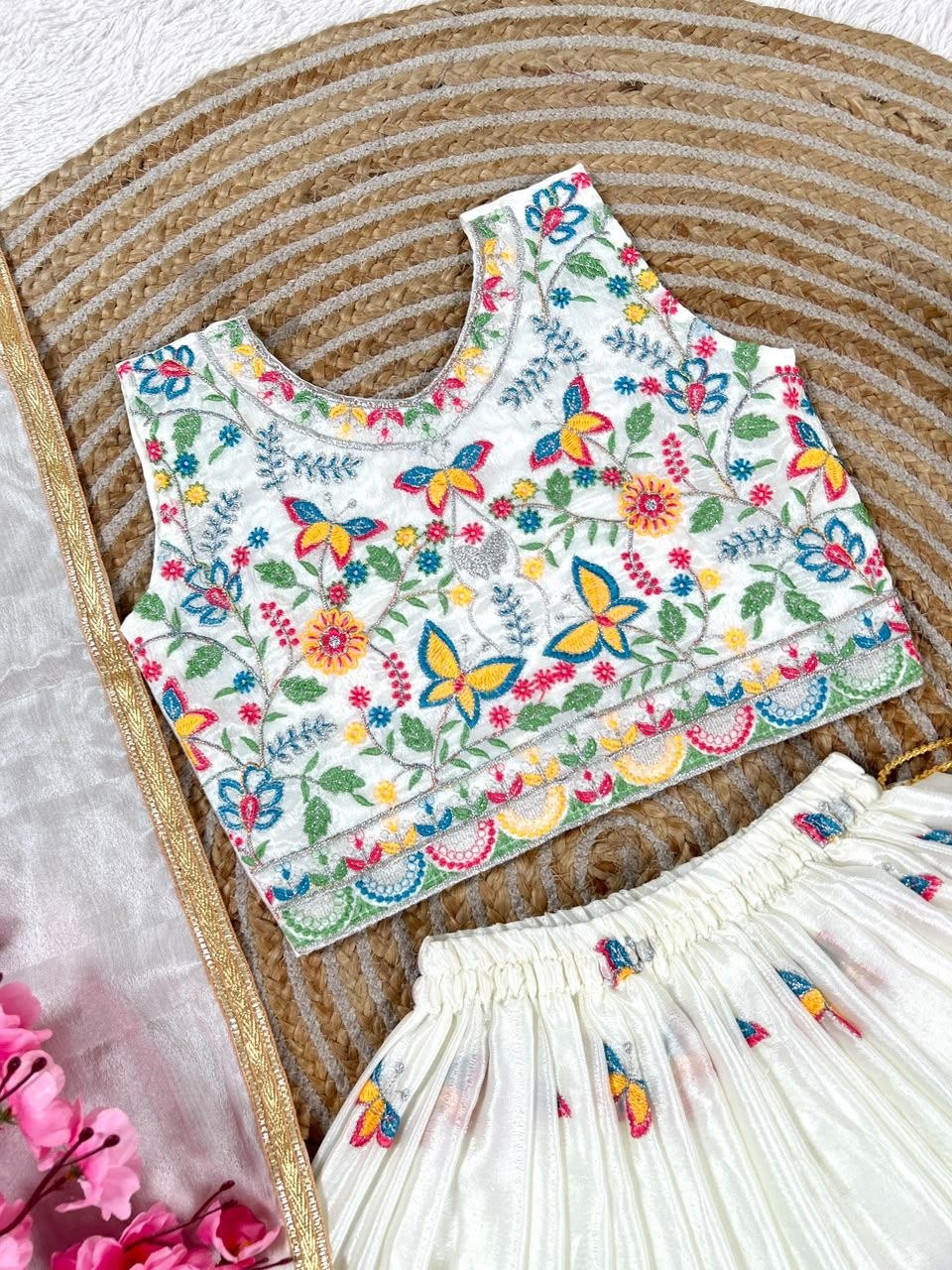 White Pure Soft Chinon Silk
Sequins Embroidery Work Kids Lehenga Choli