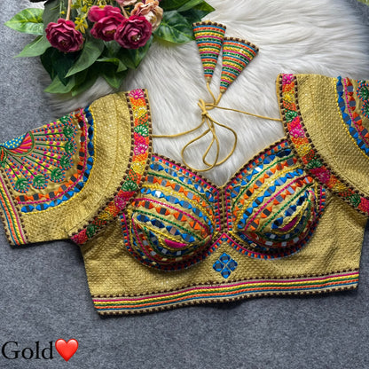 Mustard Pure Heavy Italian Soft Silk Beads Thread Real Mirror Work Navratri Blouse