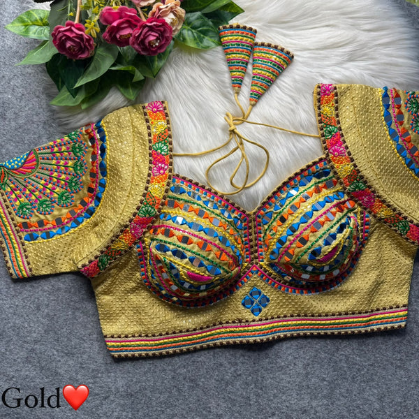 Mustard Pure Heavy Italian Soft Silk Beads Thread Real Mirror Work Navratri Blouse