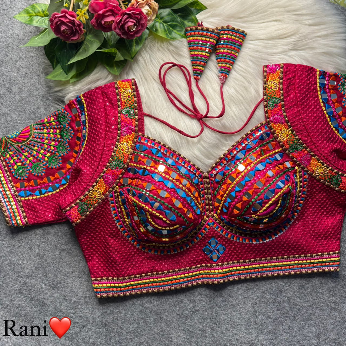 Rani Pure Heavy Italian Soft Silk Beads Thread Real Mirror Work Navratri Blouse