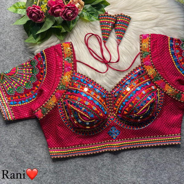 Rani Pure Heavy Italian Soft Silk Beads Thread Real Mirror Work Navratri Blouse