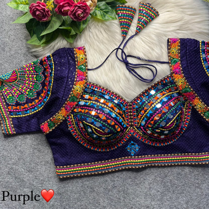 Purple Pure Heavy Italian Soft Silk Beads Thread Real Mirror Work Navratri Blouse