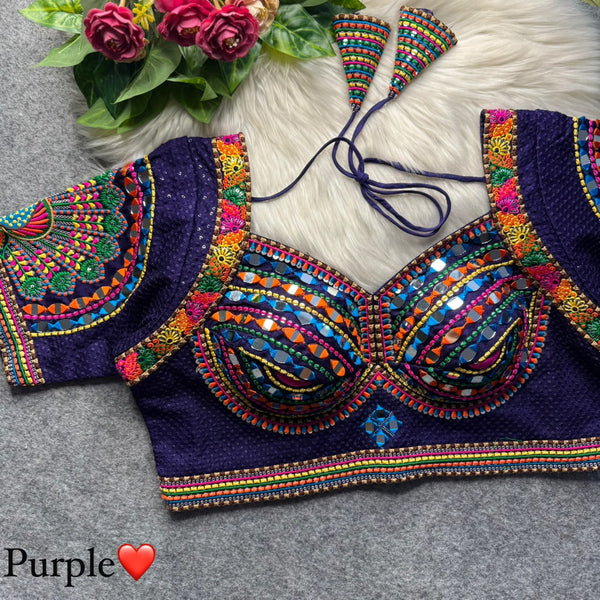 Purple Pure Heavy Italian Soft Silk Beads Thread Real Mirror Work Navratri Blouse