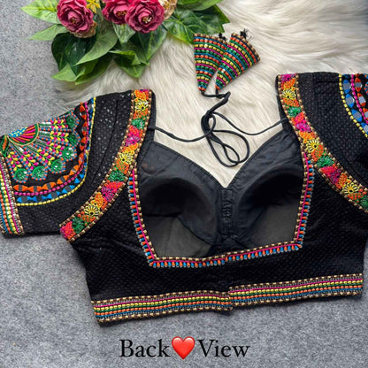 Black Pure Heavy Italian Soft Silk Beads Thread Real Mirror Work Navratri Blouse