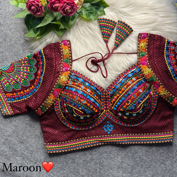 Maroon Pure Heavy Italian Soft Silk Beads Thread Real Mirror Work Navratri Blouse