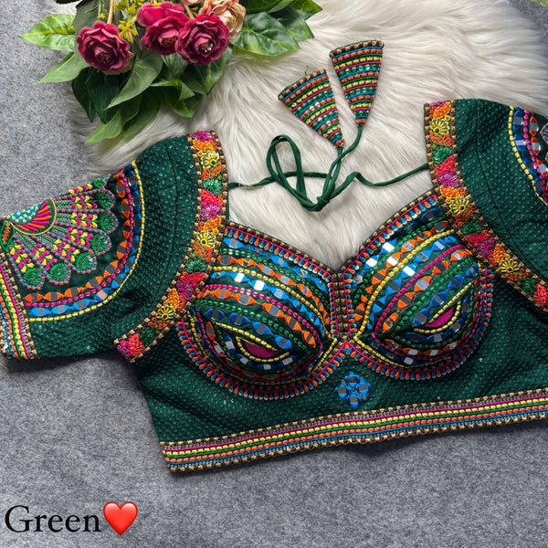 Green Pure Heavy Italian Soft Silk Beads Thread Real Mirror Work Navratri Blouse