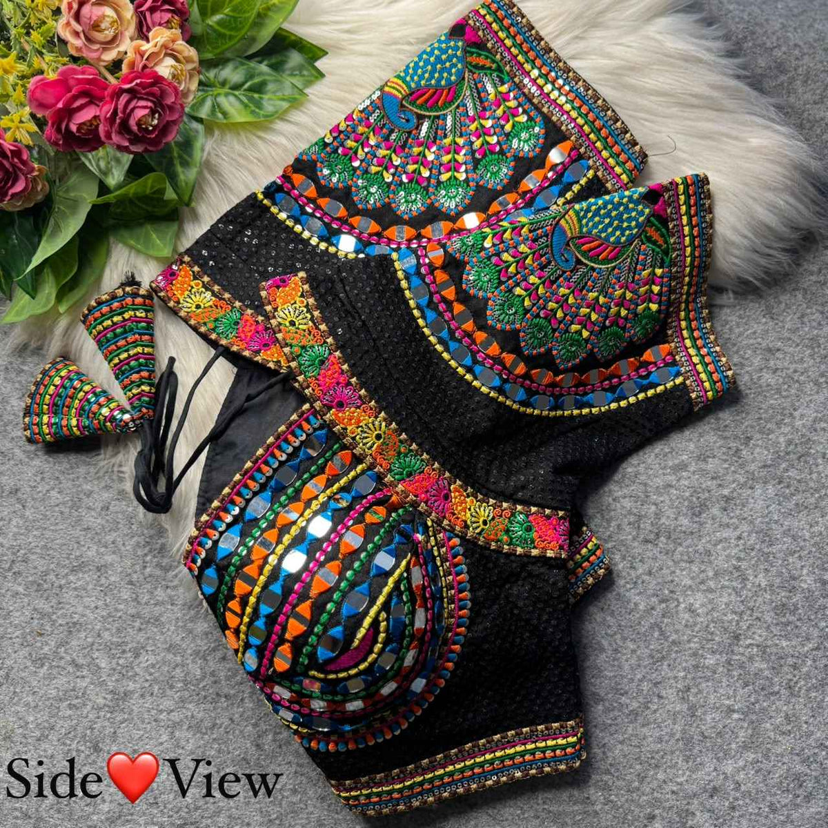Black Pure Heavy Italian Soft Silk Beads Thread Real Mirror Work Navratri Blouse
