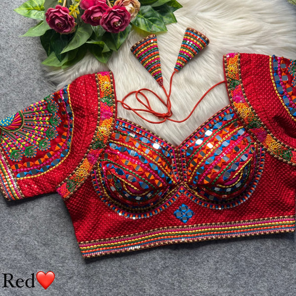 Red Pure Heavy Italian Soft Silk Beads Thread Real Mirror Work Navratri Blouse