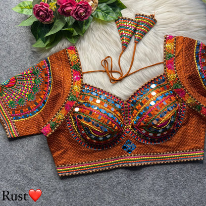 Rust Pure Heavy Italian Soft Silk Beads Thread Real Mirror Work Navratri Blouse