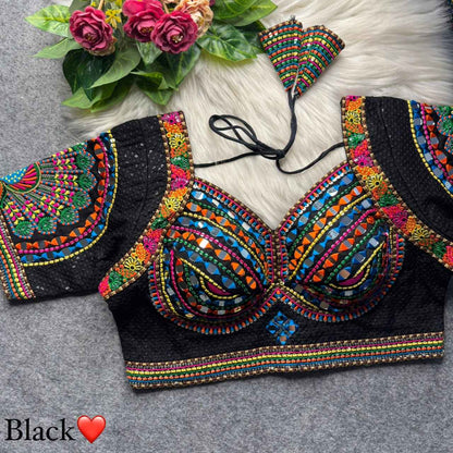 Black Pure Heavy Italian Soft Silk Beads Thread Real Mirror Work Navratri Blouse