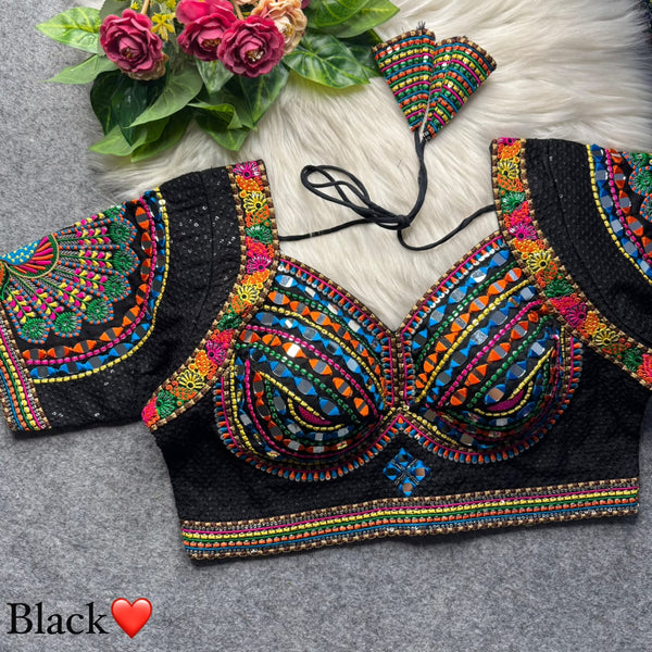 Black Pure Heavy Italian Soft Silk Beads Thread Real Mirror Work Navratri Blouse
