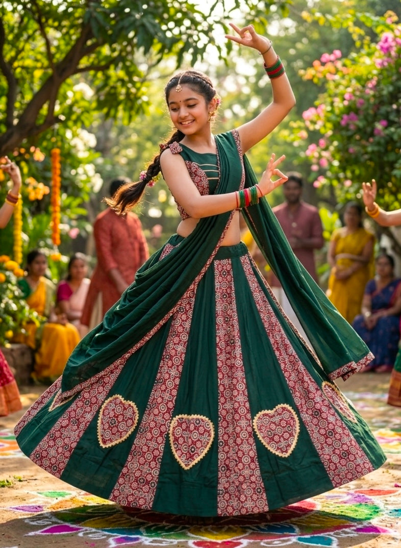 Green Pure Roman Cotton Silk Ajrakh Print Kid&