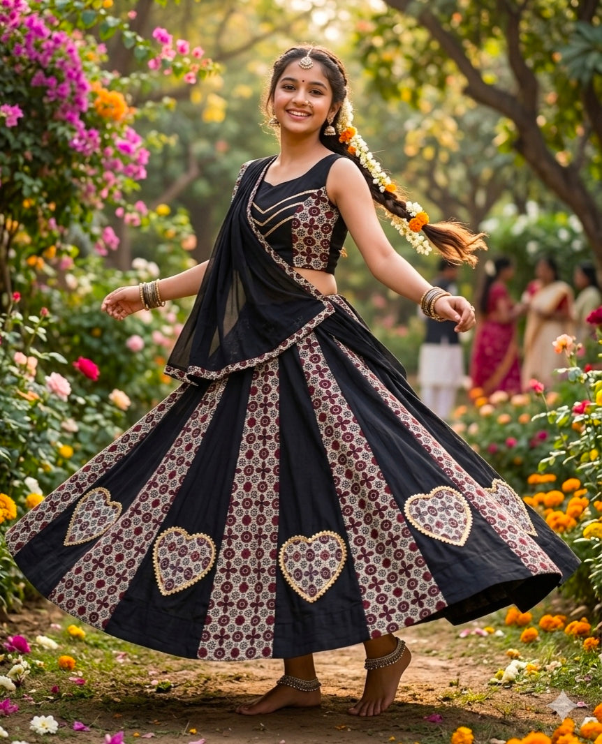 Black Pure Roman Cotton Silk Ajrakh Print Kid&