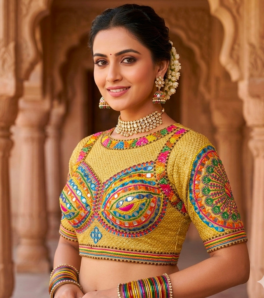 Yellow Pure Heavy Italian Soft Silk Beads Thread Real Mirror Work Navratri Blouse