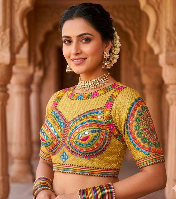 Yellow Pure Heavy Italian Soft Silk Beads Thread Real Mirror Work Navratri Blouse