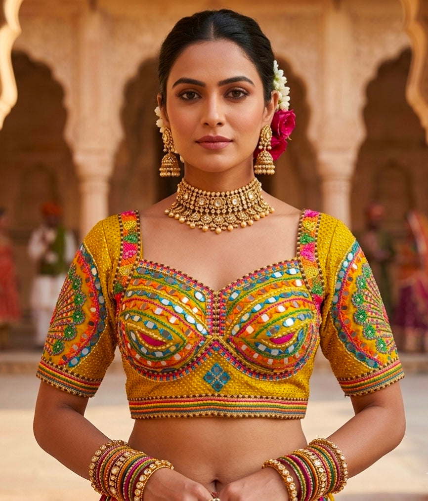 Yellow Pure Heavy Italian Soft Silk Beads Thread Real Mirror Work Navratri Blouse