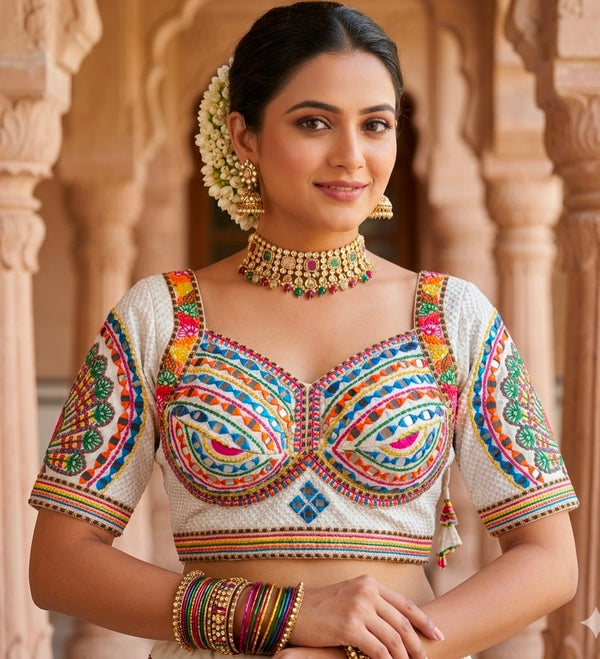 White Pure Heavy Italian Soft Silk Beads Thread Real Mirror Work Navratri Blouse