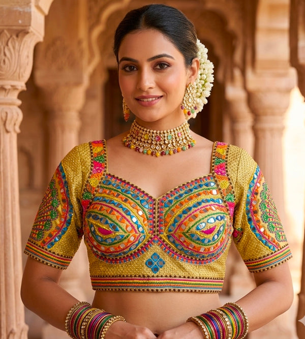 Mustard Pure Heavy Italian Soft Silk Beads Thread Real Mirror Work Navratri Blouse