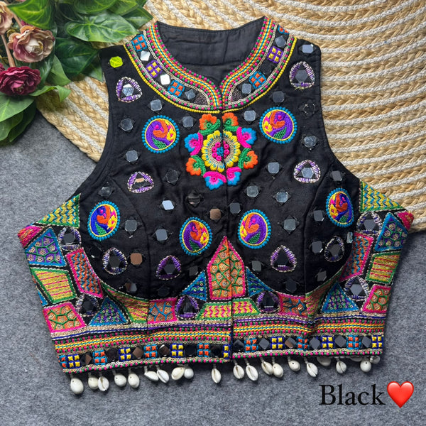 Black Pure Heavy Italian Silk Halter Neck Back Peacock Work Navratri Blouse